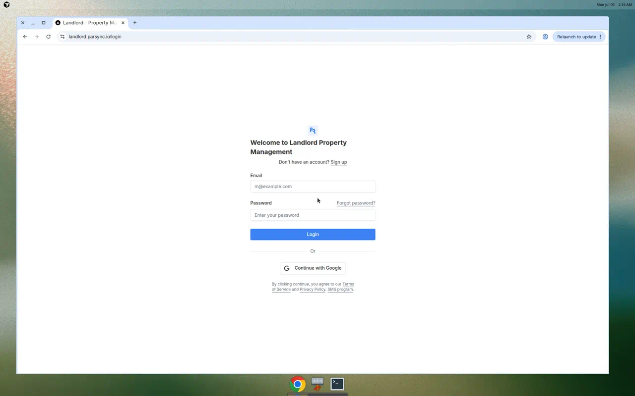 Login page footer showing Terms, Privacy, and optional SMS program link