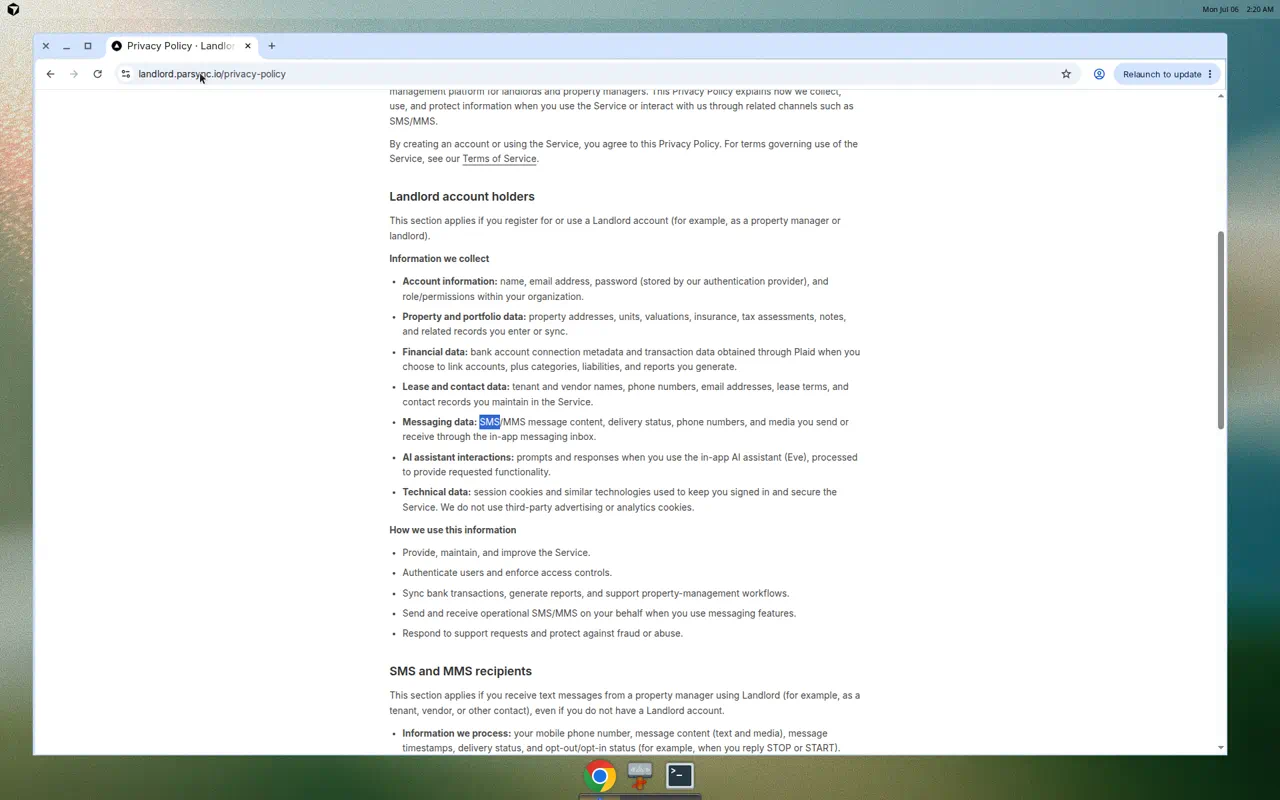 Privacy Policy section for SMS and MMS recipients