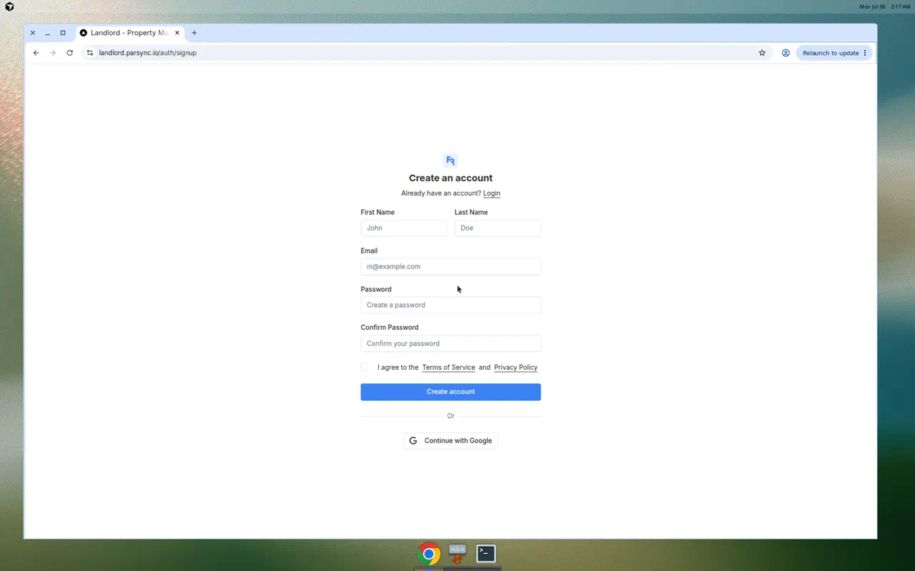 Signup form at /auth/signup with only Terms and Privacy checkbox, no SMS consent