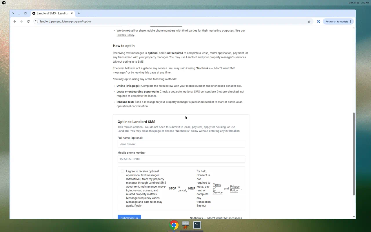Landlord SMS public opt-in form with unchecked consent checkbox and No thanks button