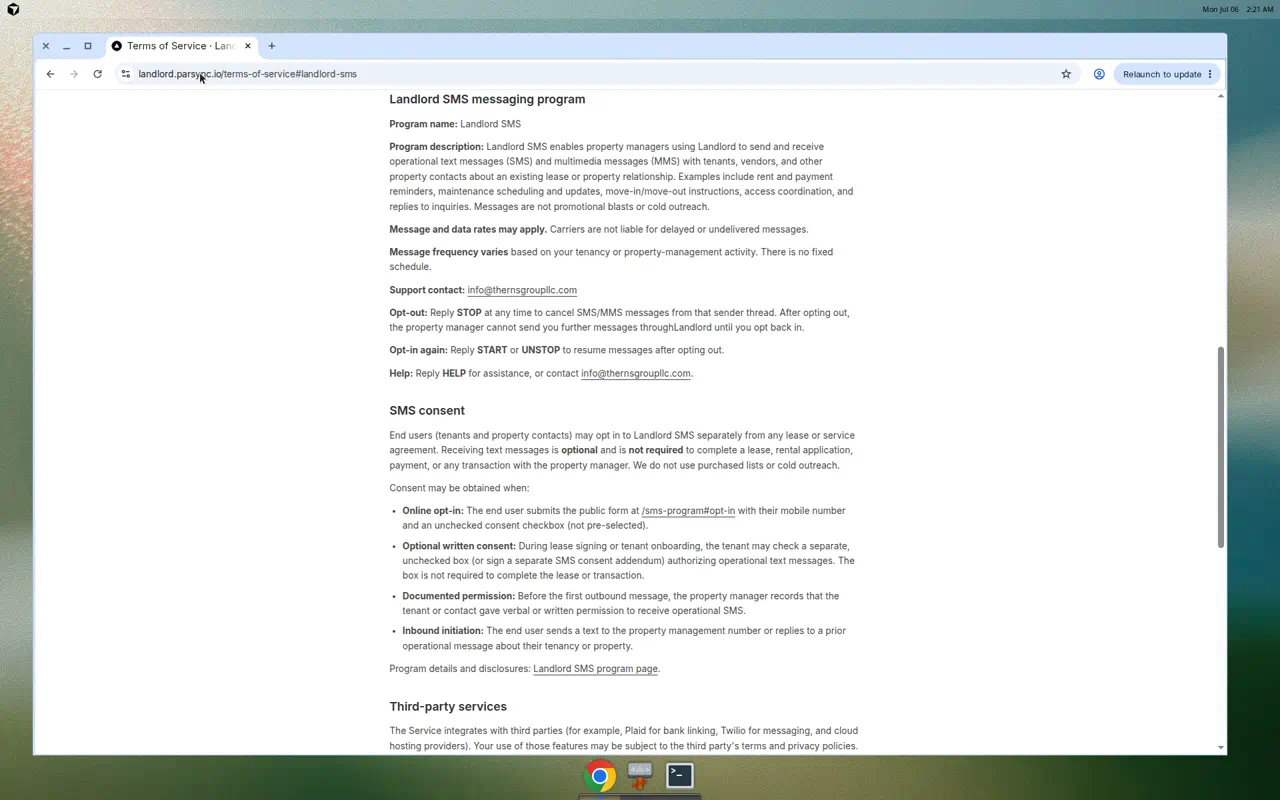 Terms of Service SMS consent section stating opt-in is optional